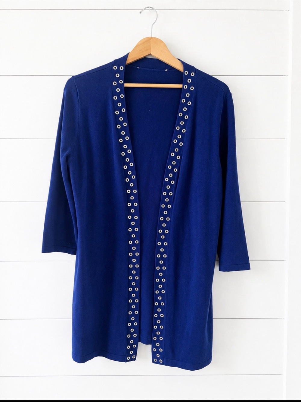 Grommet -Trim Open Front Cardigan Sweater in Cobalt Blue L